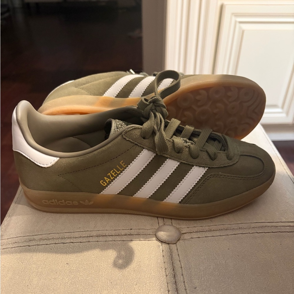 NWOT Adidas Gazelle Olive and White Sneakers